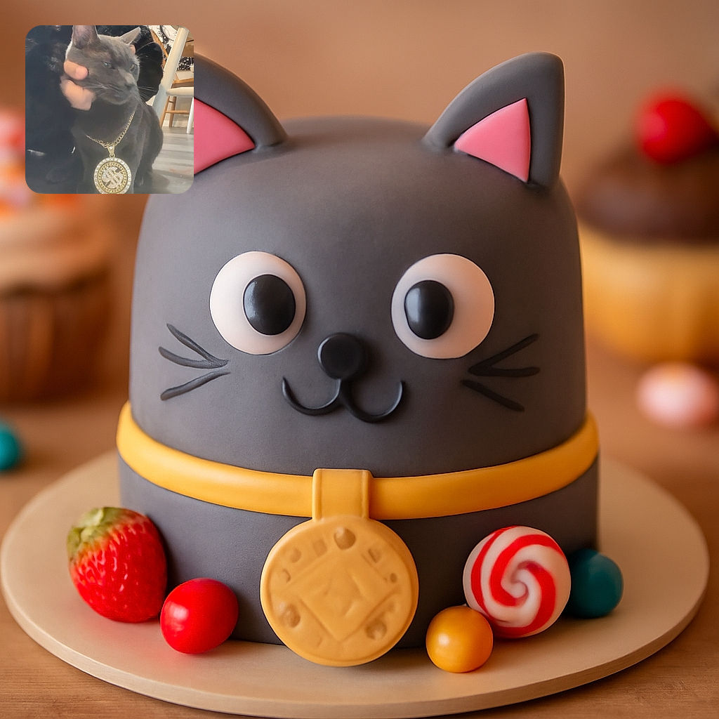 A sleek gray cat is sporting a flashy oversized dollar sign chain necklace while being gently held by a person dressed in black. The background shows a chair and a tapestry with artistic sun and moon faces, adding a quirky vibe to the indoor scene.