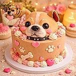 A cozy doggo lounges on a fluffy bed holding a pink heart-shaped pillow, blushing with cute pink cheeks added digitally. The warm background glows with soft fairy lights, flowers, and a sign that says 'good dog', making the whole scene irresistibly heartwarming and adorable.