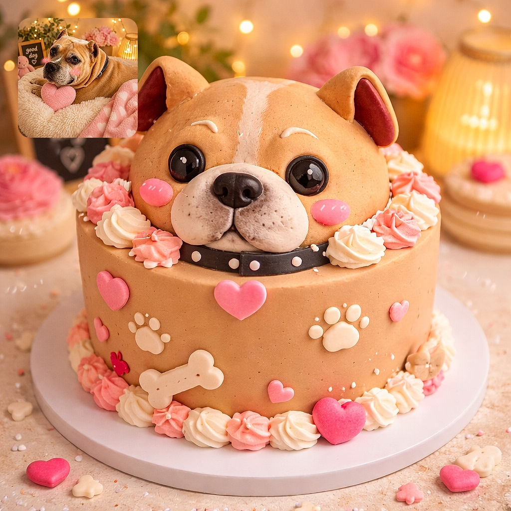 A cozy doggo lounges on a fluffy bed holding a pink heart-shaped pillow, blushing with cute pink cheeks added digitally. The warm background glows with soft fairy lights, flowers, and a sign that says 'good dog', making the whole scene irresistibly heartwarming and adorable.