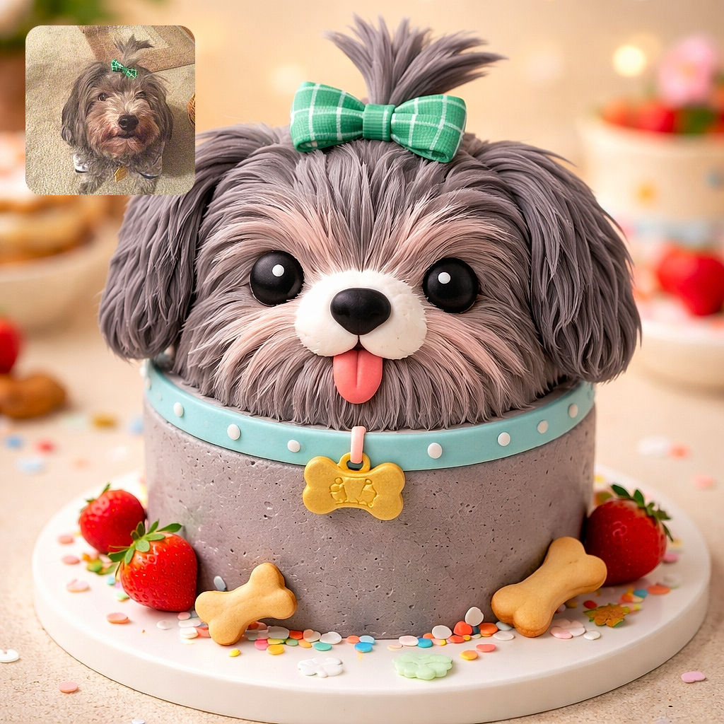 A fluffy pup stares up with a tiny green bow and an expression that says 'treat now, questions later' — cozy carpet, wicker basket cameo, and maximum cute energy.