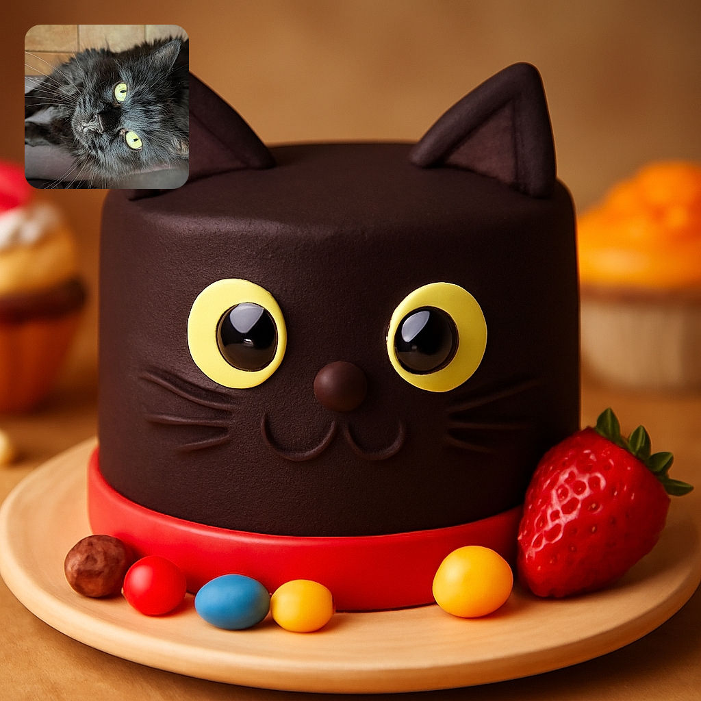 A close-up photo of a fluffy black cat with striking yellow-green eyes staring directly at the camera, laying on a soft surface with a tiled floor background.
