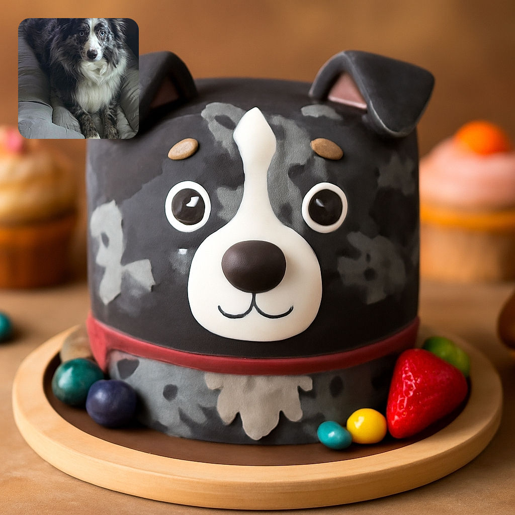 A striking dog with mesmerizing blue eyes lounges comfortably on a soft, gray cushion, looking curiously at the camera with a fluffy coat that blends shades of black, white, and gray.