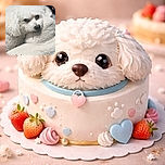 A fluffy white dog resting its head on a plush, fuzzy surface, looking cozy and contemplative with soft lighting highlighting its curls. The word 'Peluchi' is written at the bottom, adding a personal touch to this snug canine portrait.