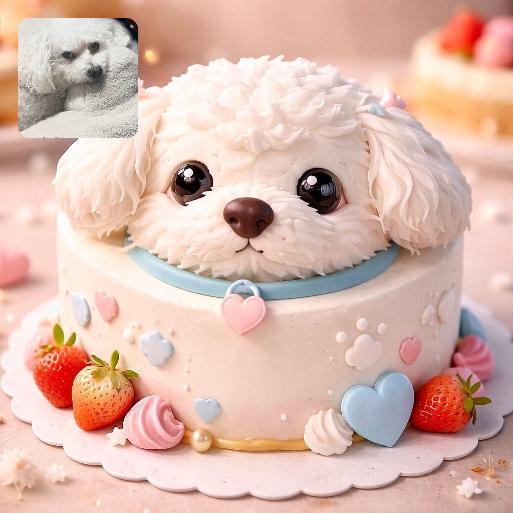 A fluffy white dog resting its head on a plush, fuzzy surface, looking cozy and contemplative with soft lighting highlighting its curls. The word 'Peluchi' is written at the bottom, adding a personal touch to this snug canine portrait.