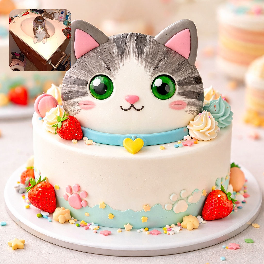 A curious tabby cat has claimed the bathroom sink as its throne, staring up with glowing green eyes while toothpaste tubes, a festive mug, soap and a plunger stage a chaotic audience around the basin. The faucet looms behind the feline king, cabinet and tiled floor frame the scene — domestic chaos meets adorable entitlement.