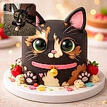 A close-up of a curious tortoiseshell cat with wide eyes and large ears, lying on a textured carpet in a cozy indoor setting, with kitchen cabinets and a fire extinguisher visible in the background.