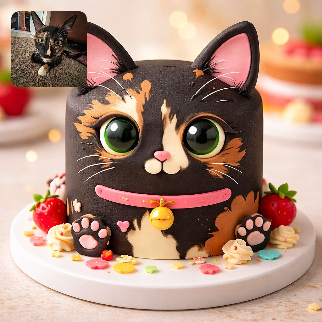 A close-up of a curious tortoiseshell cat with wide eyes and large ears, lying on a textured carpet in a cozy indoor setting, with kitchen cabinets and a fire extinguisher visible in the background.