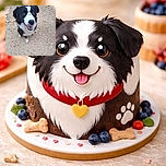 A cheerful black and white dog is sitting on a gravelly surface, looking up with bright, eager eyes and a happy smile, as if ready for a treat or a game of fetch.