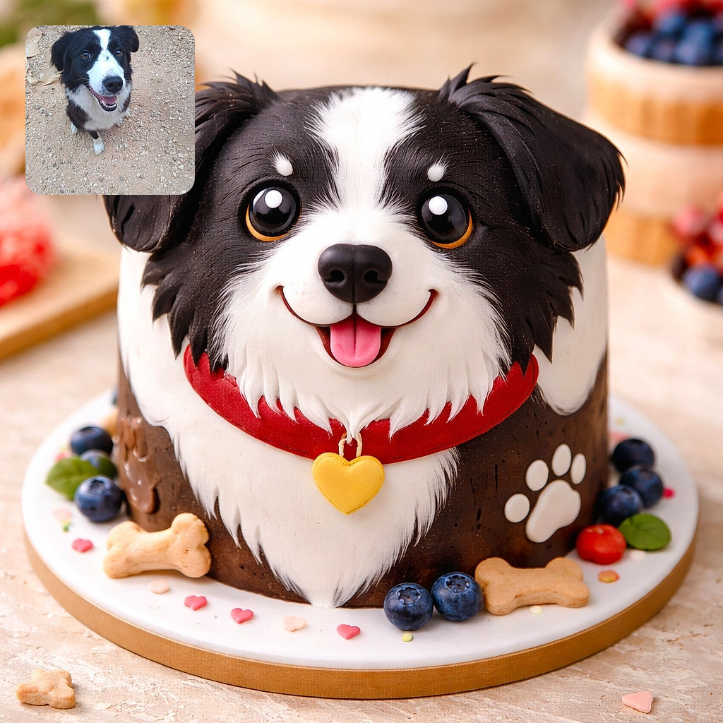 A cheerful black and white dog is sitting on a gravelly surface, looking up with bright, eager eyes and a happy smile, as if ready for a treat or a game of fetch.