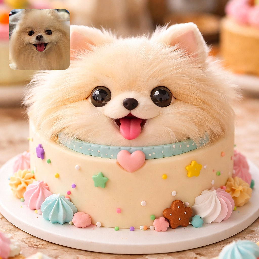 A fluffy Pomeranian steals the spotlight with a wide, happy grin and tongue out — close-up portrait shows glossy eyes, a button nose, and a cloud of cream fur. Background is softly blurred indoor decor and a monitor, making the little doglook like a regal marshmallow posing for its headshot.
