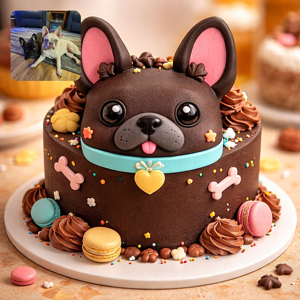 Two French bulldogs lounge like tiny, suspicious roommates — one black and one cream with icy blue eyes — staring straight at the camera while toys, armchairs and a side table populate the cozy living room background. The cream pup looks like it just remembered where the treats are; the black pup is plotting how to get them.