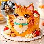 A majestic ginger Maine Coon cat lounges comfortably on a light-colored couch, its fluffy fur and intense amber eyes captivating the viewer. The background shows a modern, well-lit living space with a cat tree and various household items, adding a cozy home vibe.