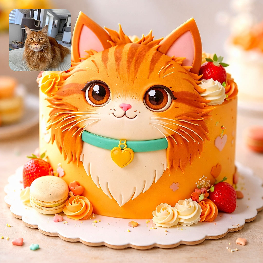 A majestic ginger Maine Coon cat lounges comfortably on a light-colored couch, its fluffy fur and intense amber eyes captivating the viewer. The background shows a modern, well-lit living space with a cat tree and various household items, adding a cozy home vibe.