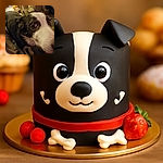 A close-up photo of a black and white dog with big, expressive eyes looking curiously at the camera. The background is a cozy indoor setting with warm lighting and some household items slightly blurred.