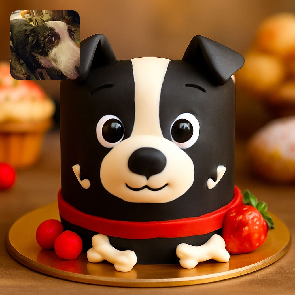 A close-up photo of a black and white dog with big, expressive eyes looking curiously at the camera. The background is a cozy indoor setting with warm lighting and some household items slightly blurred.