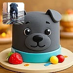 A tiny, curious puppy stands on a colorful patterned tile floor, looking straight at the camera with a shy but adorable expression. The background is simple with a wooden door and a light wall, making the puppy the star of the shot.