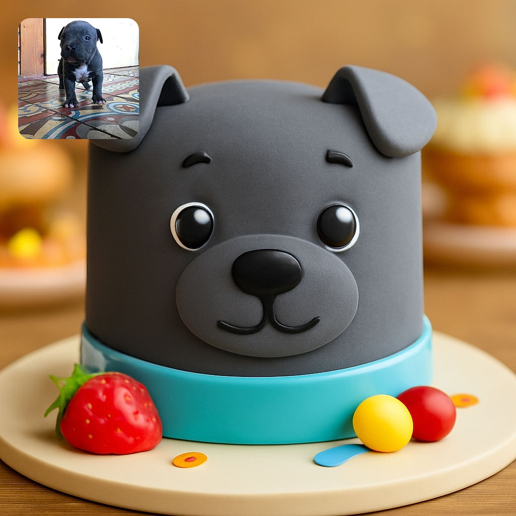 A tiny, curious puppy stands on a colorful patterned tile floor, looking straight at the camera with a shy but adorable expression. The background is simple with a wooden door and a light wall, making the puppy the star of the shot.