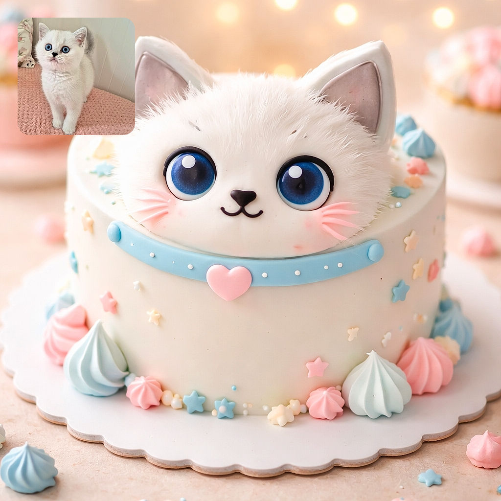 An adorable white kitten with striking blue eyes stands on a soft pink knitted blanket, looking up with wide-eyed curiosity. The background is softly blurred with pastel tones, highlighting the kitten's fluffy fur and innocent expression.