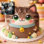 A close-up photo of a fluffy tabby cat with striking green eyes, looking curiously at the camera. The background is softly blurred, highlighting the cat's detailed fur and expressive face, creating a cozy and intimate atmosphere.