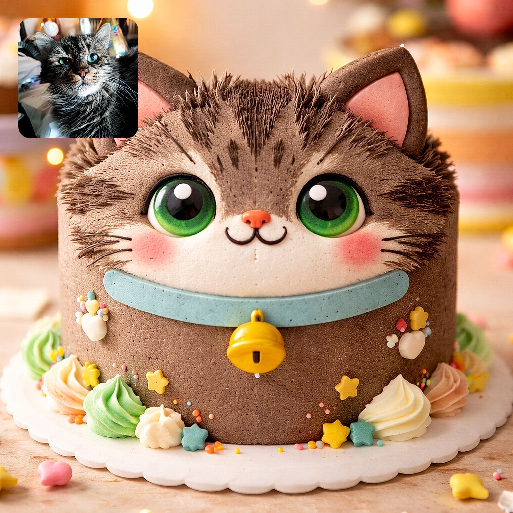 A close-up photo of a fluffy tabby cat with striking green eyes, looking curiously at the camera. The background is softly blurred, highlighting the cat's detailed fur and expressive face, creating a cozy and intimate atmosphere.