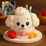 A fluffy white poodle puppy with big dark eyes and a slightly open mouth stands on a carpeted floor indoors, with warm ambient lighting and cozy furniture blurred in the background, giving a charming and inviting vibe.