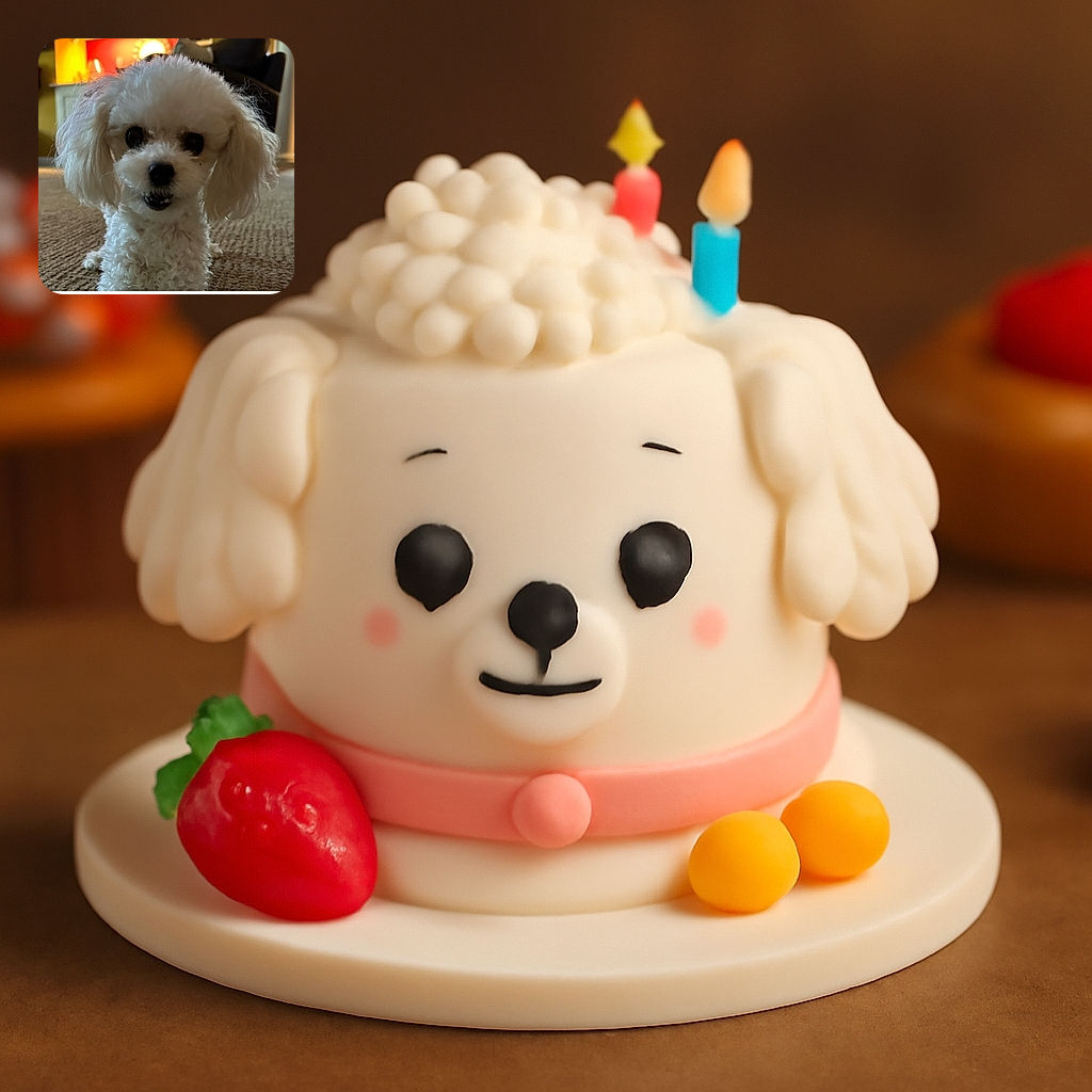 A fluffy white poodle puppy with big dark eyes and a slightly open mouth stands on a carpeted floor indoors, with warm ambient lighting and cozy furniture blurred in the background, giving a charming and inviting vibe.