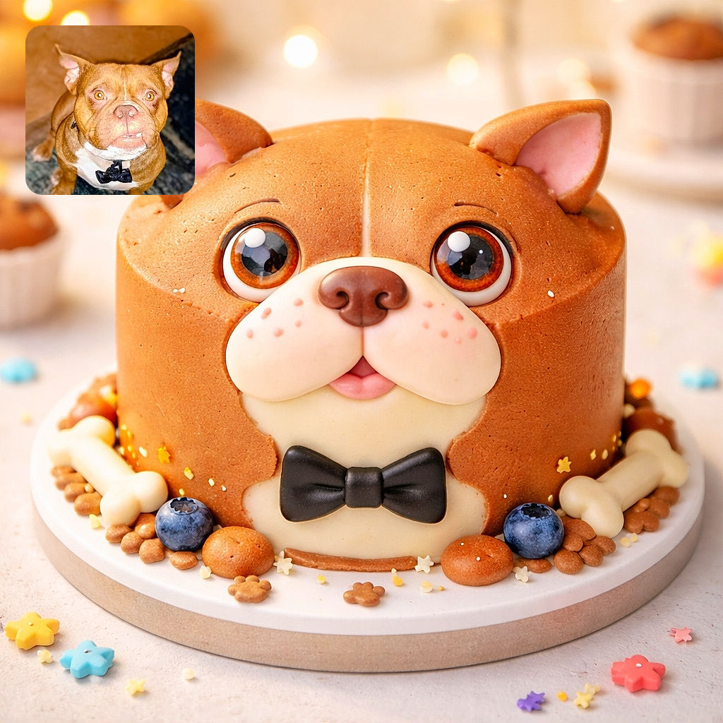 A squishy-faced brown dog wearing a tiny bow tie stares up like it just heard the word 'treat' — eyes wide, teeth slightly bared in a comically earnest grimace, sitting on a rug with a soft-focus couch and warm background.