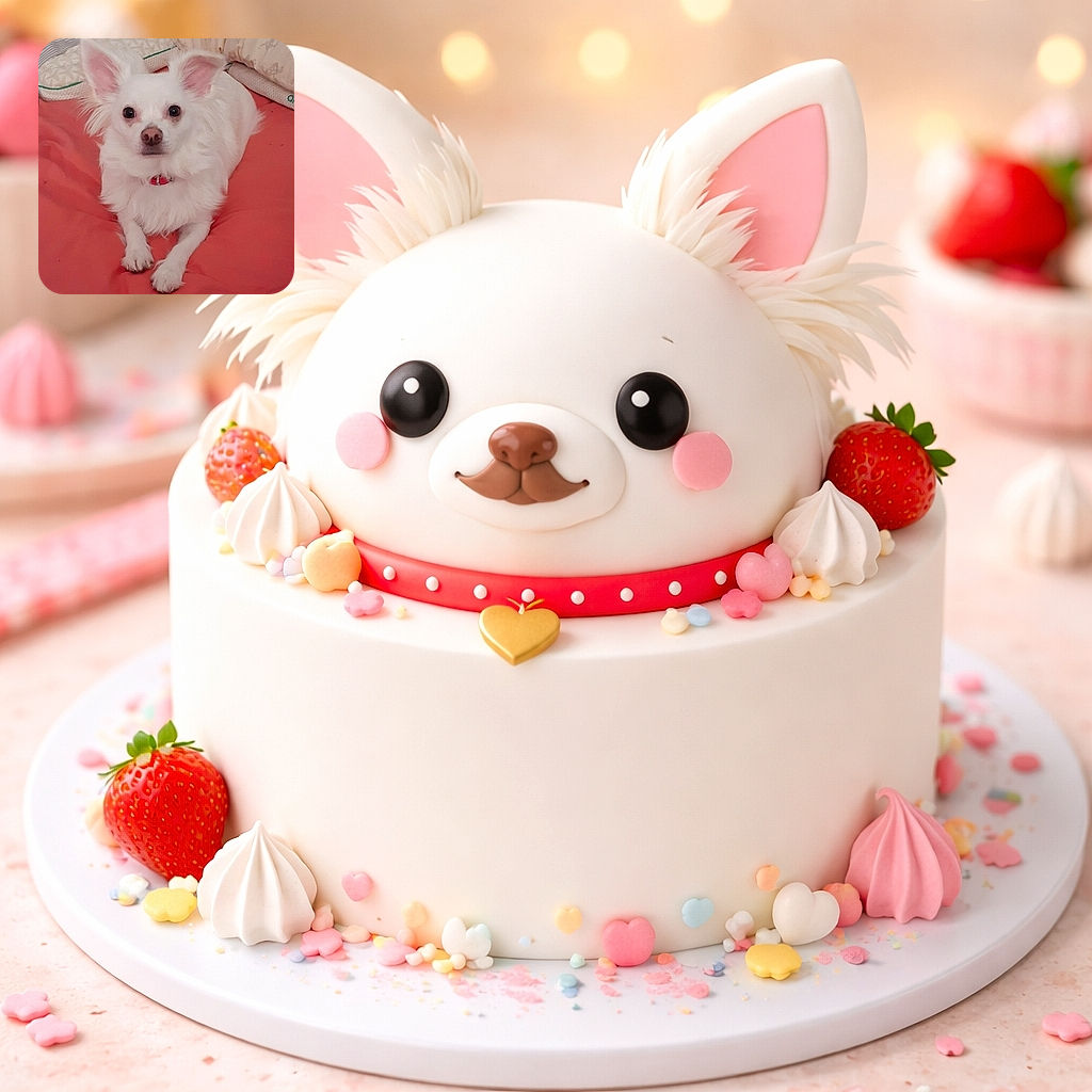 A fluffy white pup stares straight into the camera like it's waiting for a treat review—big ears, button nose, red collar, and a regal 'are you the treat person?' expression while lounging on a coral blanket.