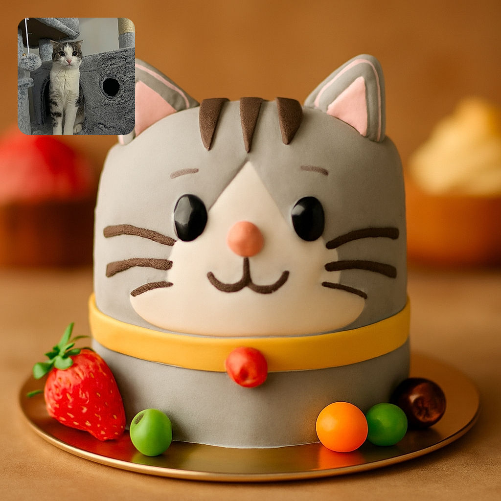 A curious cat with wide eyes sits upright on a plush gray cat tree, surrounded by cozy textures and a dangling fuzzy ball, looking like it's plotting its next playful adventure.
