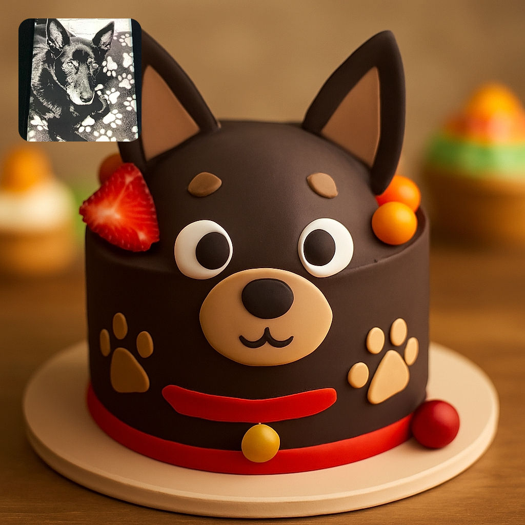 A black dog with expressive eyes is resting on a paw-print patterned blanket. The photo is in black and white, giving it a classic and cozy feel, with the dog's face prominently centered and capturing a calm, attentive expression.