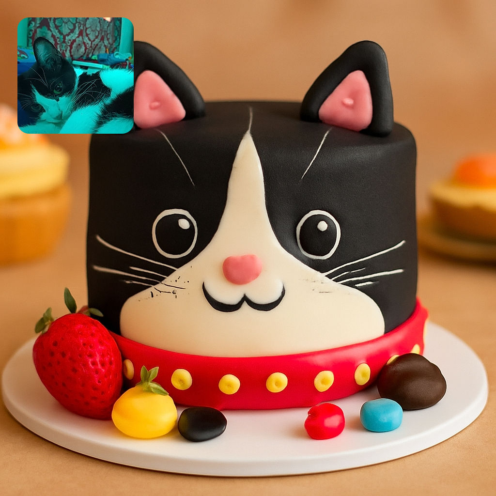 A close-up shot of a black and white cat lounging comfortably on a bed with colorful bedding and a patterned backdrop, bathed in a cool blue-green light that gives the scene a dreamy vibe.