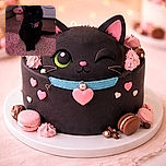 A mysterious black cat with a heart-shaped tag sits elegantly on a fluffy pink rug, blending into the dimly lit room with a soft focus that adds a cozy, intimate vibe.