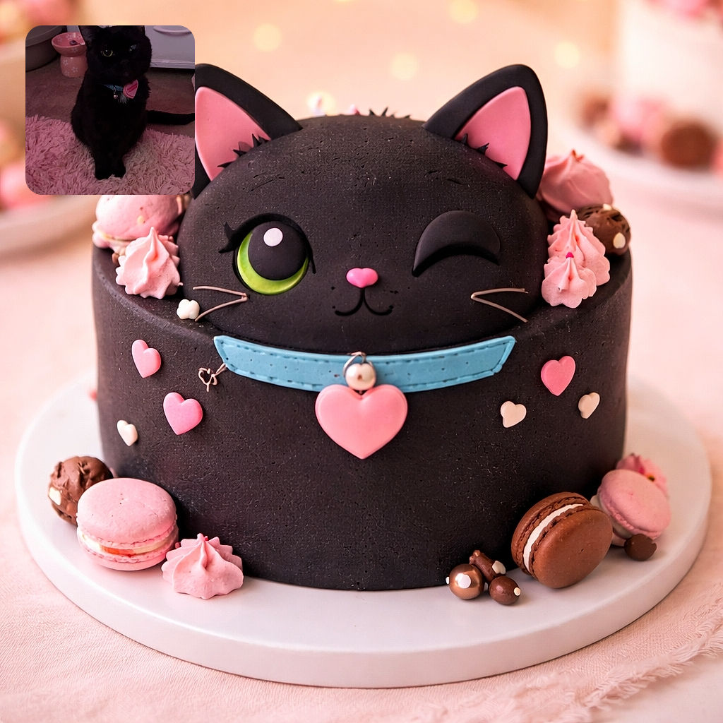 A mysterious black cat with a heart-shaped tag sits elegantly on a fluffy pink rug, blending into the dimly lit room with a soft focus that adds a cozy, intimate vibe.