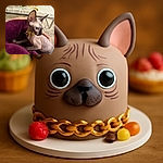 A close-up photo of a hairless Sphynx cat with striking blue eyes and a golden chain collar, nestled comfortably against a person wearing a cozy purple fleece. The background shows a blurred table with festive decorations.