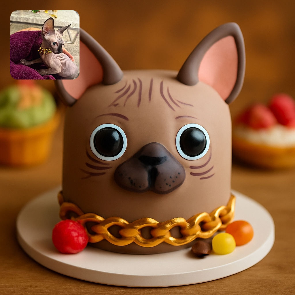 A close-up photo of a hairless Sphynx cat with striking blue eyes and a golden chain collar, nestled comfortably against a person wearing a cozy purple fleece. The background shows a blurred table with festive decorations.