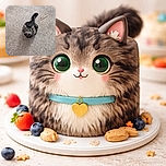 A fluffy tabby cat looks up with a curious expression, sitting neatly on a beige carpet with a small toy stick nearby and a pair of cozy slippers visible at the bottom edge of the frame.