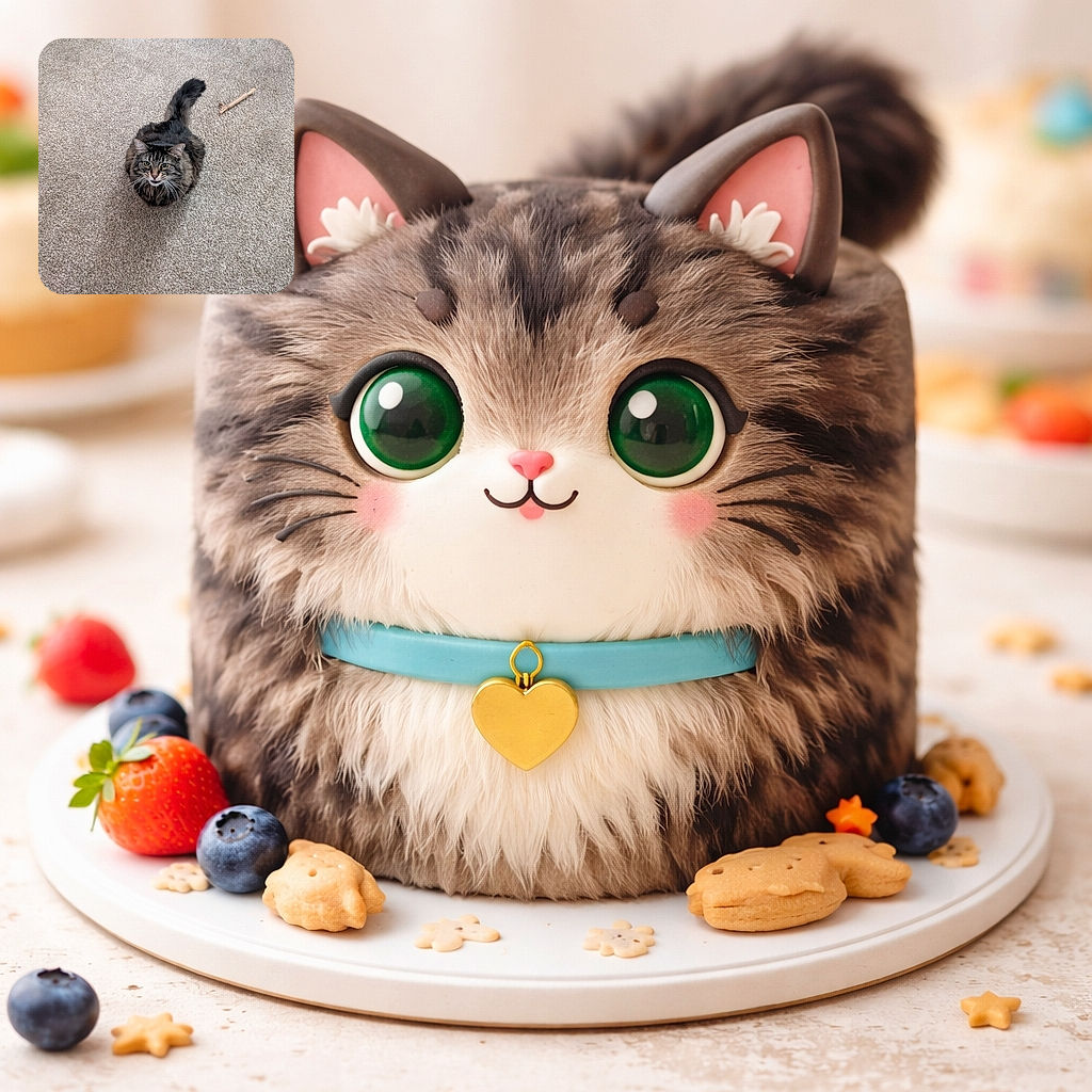 A fluffy tabby cat looks up with a curious expression, sitting neatly on a beige carpet with a small toy stick nearby and a pair of cozy slippers visible at the bottom edge of the frame.