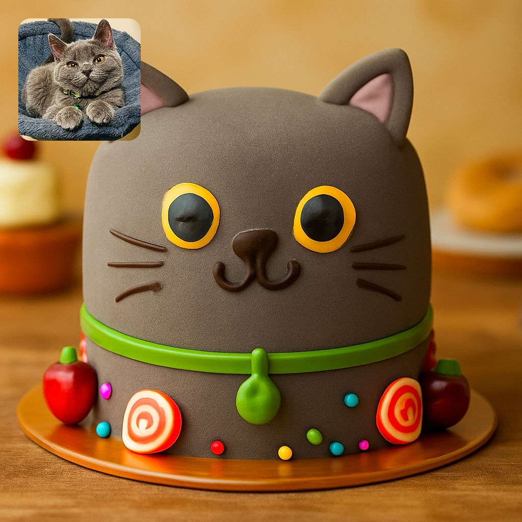 A fluffy gray cat with striking amber eyes lounges comfortably in a cozy blue cat bed, looking directly at the camera with a calm and slightly curious expression. The cat wears a collar with a green bell, and the background is a soft beige wall. The photo includes an overlay of phone UI elements at the top and bottom, indicating it is a screenshot from a phone gallery.