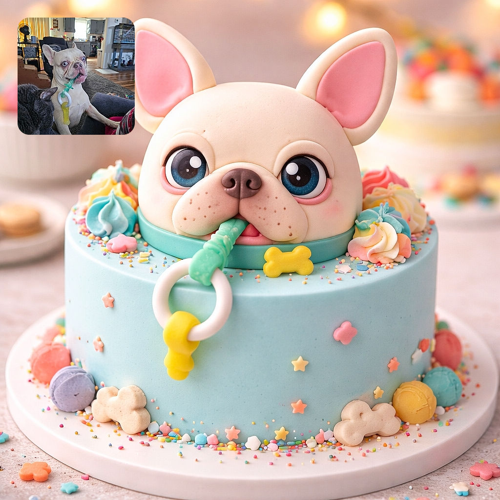 A wide-eyed French bulldog proudly clutching a baby teether like a treasure while a sleepy gray cat nuzzles beside it — a cozy, mildly chaotic living-room scene with sunlight, toys, and pure pet attitude.