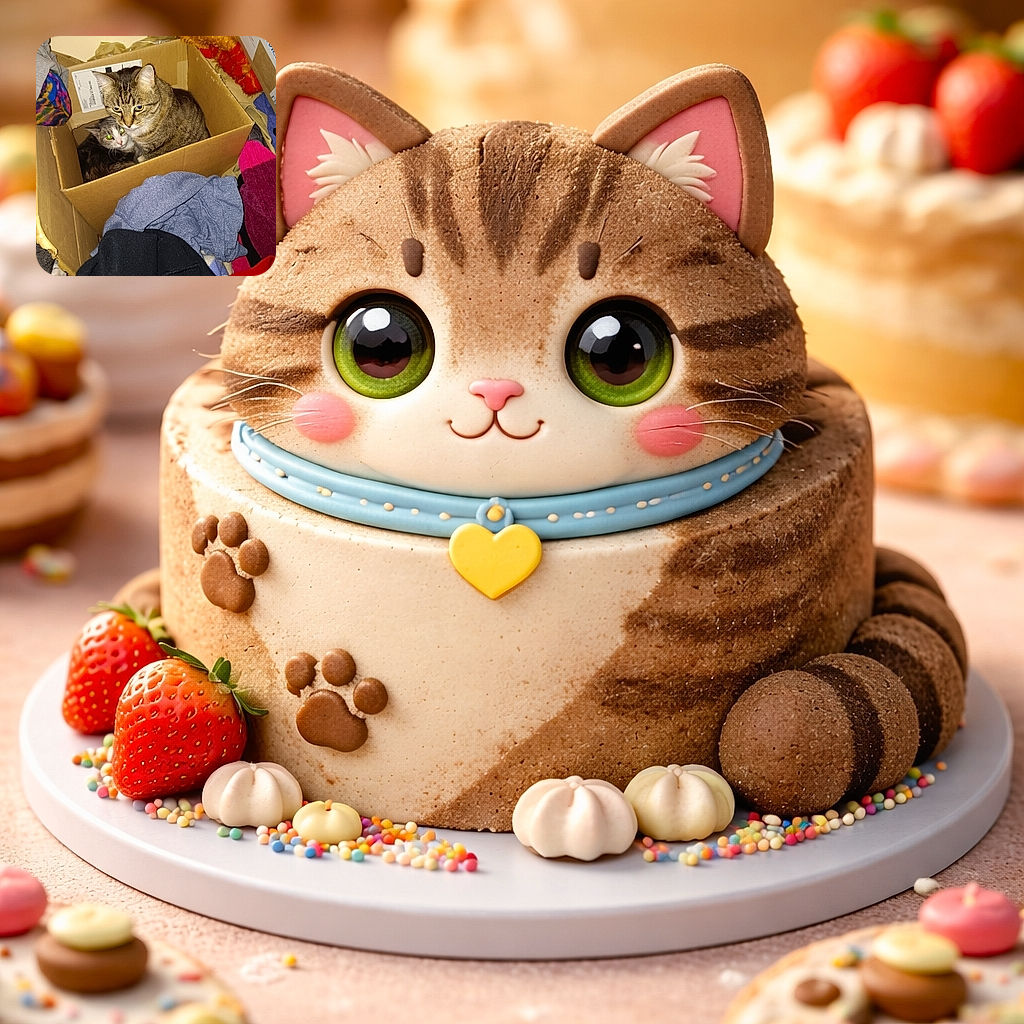 Two cats squeezed into a cardboard box like roommates avoiding chores — a large tabby perched protectively over a smaller grey-and-white cat, both staring up with flash-lit, glowing eyes amid a tumble of laundry and packing boxes.