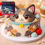 A curious cat is lounging inside a red vehicle trunk, looking upwards with bright, attentive eyes. The image has a painterly effect that adds an artistic texture to the photo, highlighting the cat's fur and the vibrant red of the vehicle.