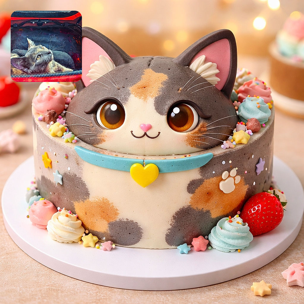 A curious cat is lounging inside a red vehicle trunk, looking upwards with bright, attentive eyes. The image has a painterly effect that adds an artistic texture to the photo, highlighting the cat's fur and the vibrant red of the vehicle.
