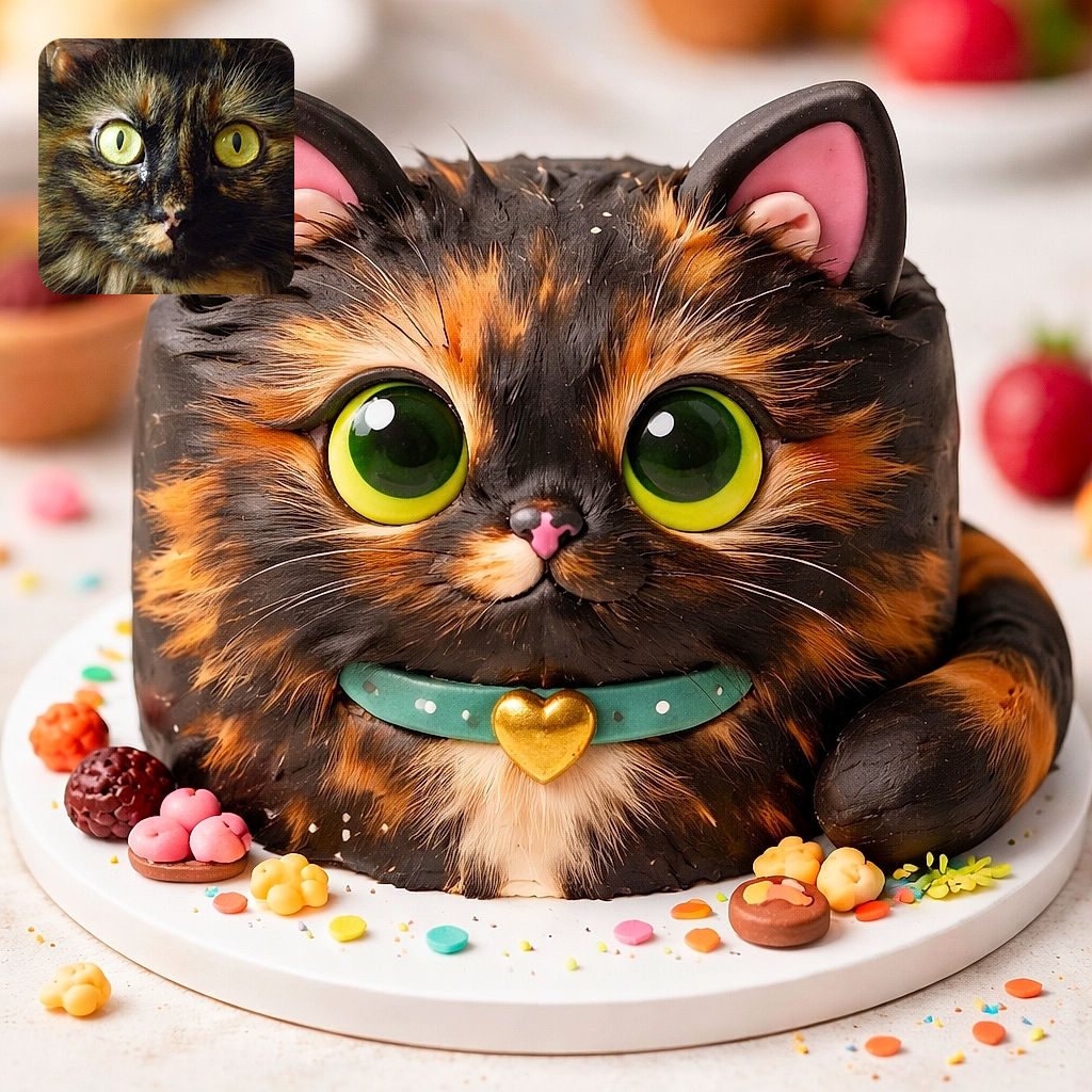 A hypnotic tortoiseshell cat fills the frame with enormous yellow eyes like twin moons — whiskers splayed, a smudge of pink on the nose, and an expression that screams "give me treats or face the stare."