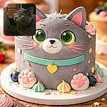 A gray cat with striking green eyes is lounging on a green carpet, looking up curiously with a wooden cabinet and a bag nearby in the background. The lighting softly highlights the cat's fur and attentive expression.