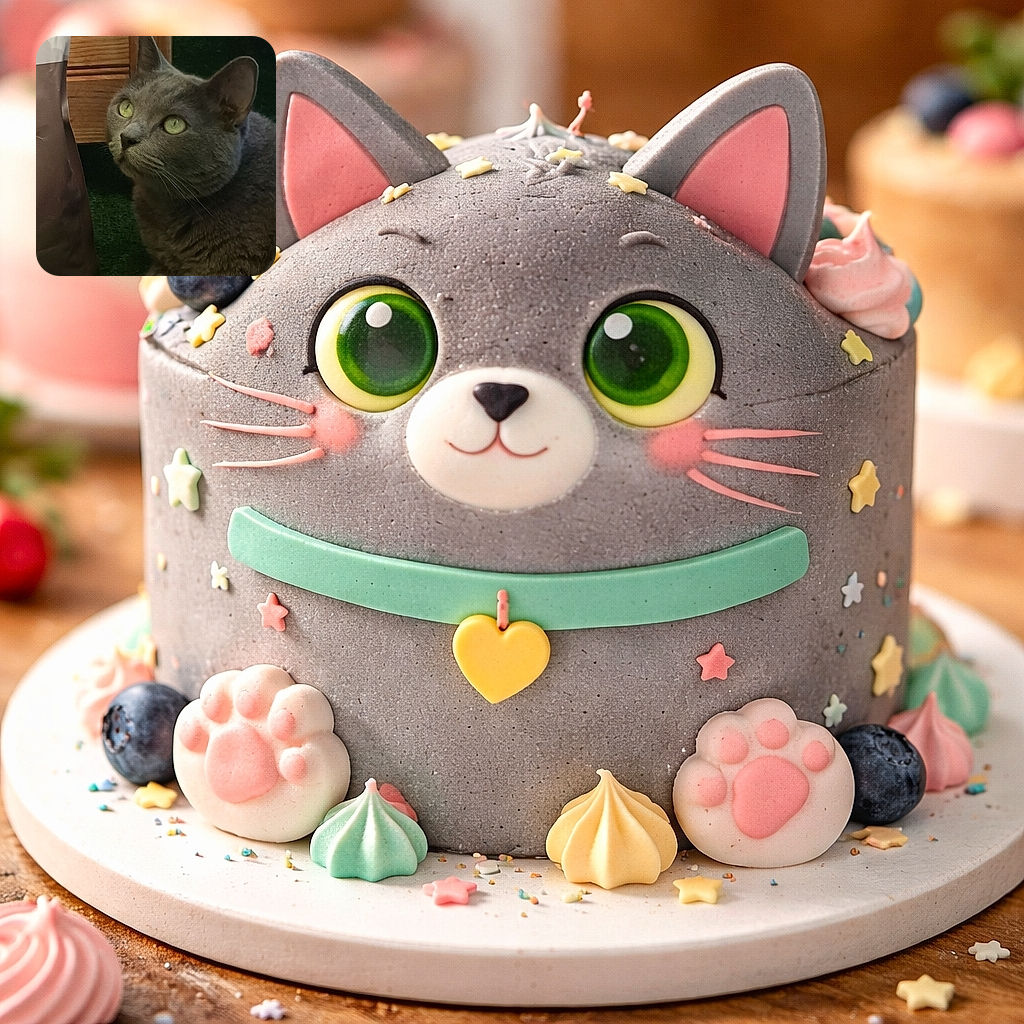 A gray cat with striking green eyes is lounging on a green carpet, looking up curiously with a wooden cabinet and a bag nearby in the background. The lighting softly highlights the cat's fur and attentive expression.
