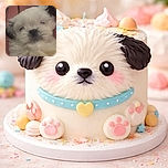 A blurry close-up of an adorable fluffy white puppy with dark ears snuggled in a pink blanket, looking sleepy and soft as a cloud.