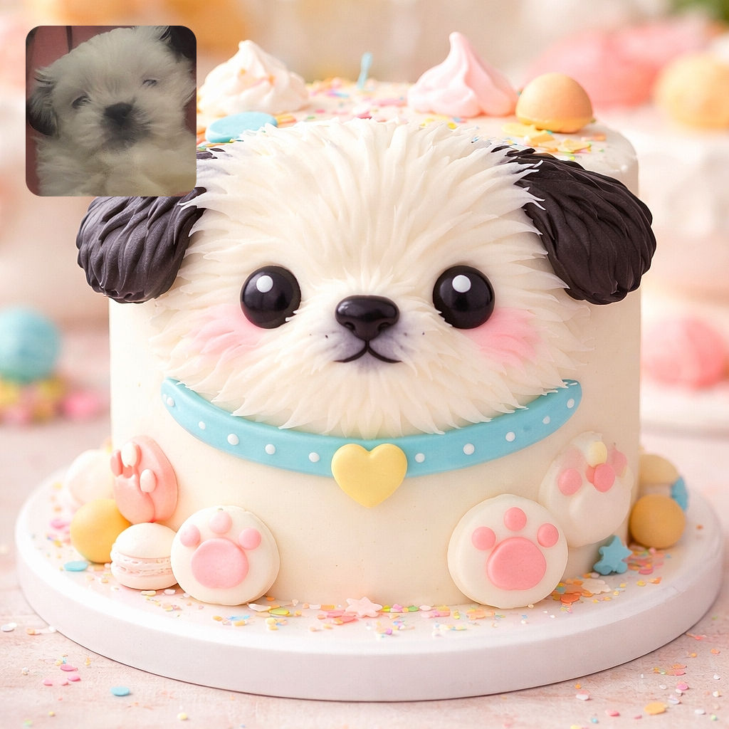 A blurry close-up of an adorable fluffy white puppy with dark ears snuggled in a pink blanket, looking sleepy and soft as a cloud.