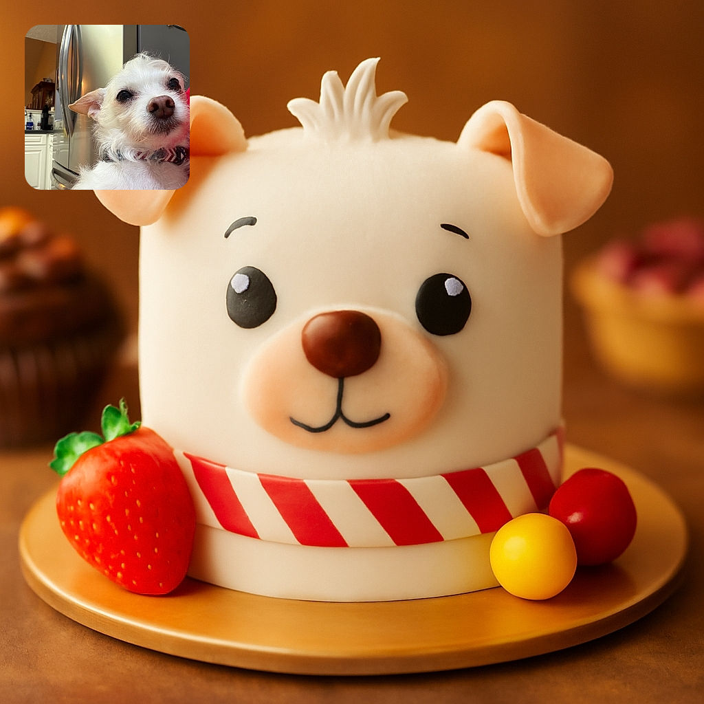 A close-up shot of a small white dog with a curious expression, set against a kitchen background featuring a stainless steel refrigerator and white cabinets. The dog's fluffy fur and patterned collar add charm to this cozy indoor scene.