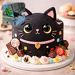 A sleek black cat perched like it owns the sofa, giving a laser-stare to anyone who dares move the giant green bag of kibble beside it. The scene is cozy chaos: a grey recliner, an open cardboard box for dramatic effect, and one unimpressed floof refusing to budge from its throne.