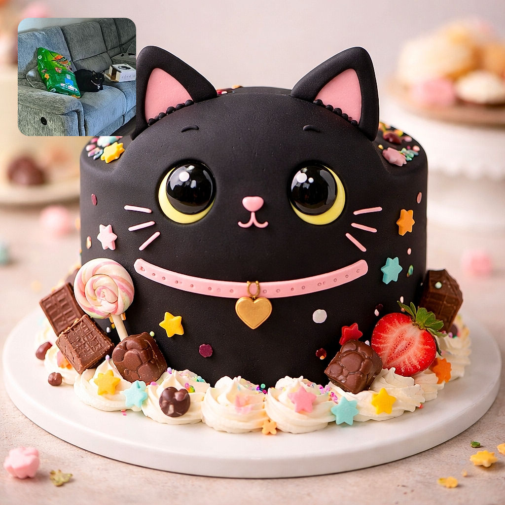 A sleek black cat perched like it owns the sofa, giving a laser-stare to anyone who dares move the giant green bag of kibble beside it. The scene is cozy chaos: a grey recliner, an open cardboard box for dramatic effect, and one unimpressed floof refusing to budge from its throne.